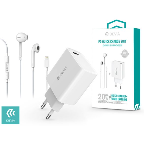 Devia hálózati töltő adapter Type-C bemenettel + Lightning/Bluetooth headset -  20W - Devia Smart Series PD3.0 Quick Charger Suit + Earphone - fehér