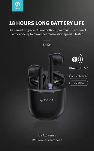 Devia TWS Bluetooth sztereó headset v5.0 + töltőtok - Devia Joy A10 Series True Wireless Earphones with Charging Case - fekete