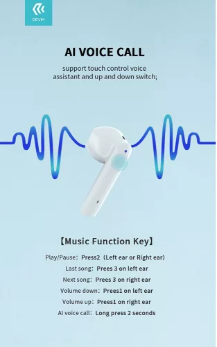 Devia TWS Bluetooth sztereó headset v5.0 + töltőtok - Devia Joy A10 Series True Wireless Earphones with Charging Case - fehér