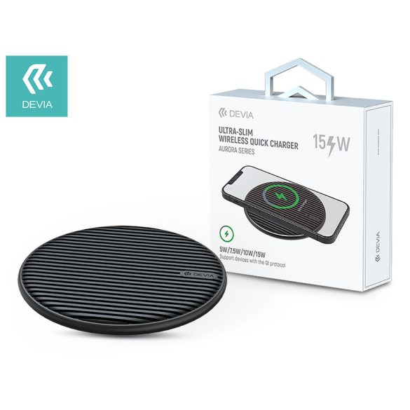 Devia Qi univerzális vezeték nélküli töltő állomás - 15W - Devia Aurora Series  V3 Ultra-Slim Wireless Quick Charger - fekete