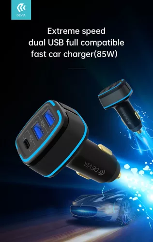 Devia szivargyújtós töltő adapter 2xUSB + Type-C bemenettel - 85W - Devia       Extreme Speed Dual USB + Type-C Full Compatible Fast Car Charger - fekete