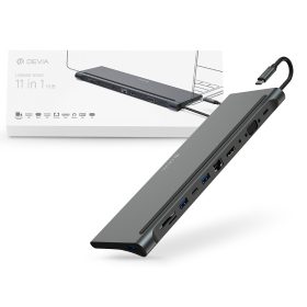   Devia USB Type-C - PD + USB-C + USB2.0 + 2xUSB 3.0 + HDMI + VGA + RJ45 + SD/TF +Audio3.5 elosztó/adapter/laptop állvány - Devia Leopard Series 11 in 1 Hub -    szürke