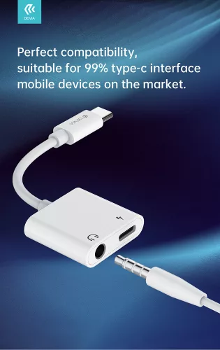 Devia Type-C - 3,5 mm jack + Type-C audio adapter - Devia Smart Series Adapter Type-C to Type-C + DC3.5 - fehér