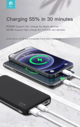 Univerzális hordozható, asztali akkumulátor töltő - Devia Smart Series 22.5W Full Compatible Power Bank - USB + Type-C + microUSB + PD - 10.000 mAh - fehér