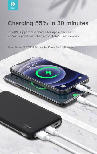 Univerzális hordozható, asztali akkumulátor töltő - Devia Smart Series 22.5W Full Compatible Power Bank - USB + Type-C + microUSB + PD - 10.000 mAh - fekete