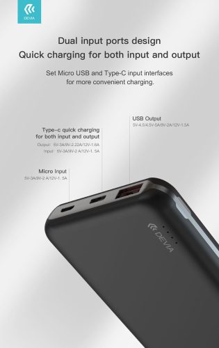 Univerzális hordozható, asztali akkumulátor töltő - Devia Smart Series 22.5W Full Compatible Power Bank - USB + Type-C + microUSB + PD - 10.000 mAh - fekete