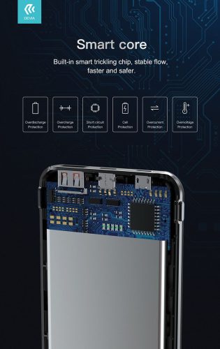 Univerzális hordozható, asztali akkumulátor töltő - Devia Smart Series 22.5W Full Compatible Power Bank - USB + Type-C + microUSB + PD - 10.000 mAh - fekete