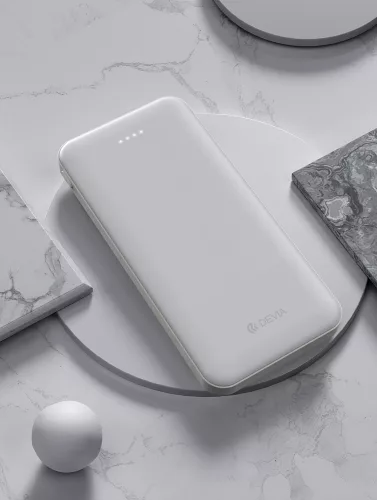 Univerzális hordozható, asztali akkumulátor töltő - Devia Kintone Series V3 Power Bank - 2xUSB + Type-C + microUSB - 10.000 mAh - fehér