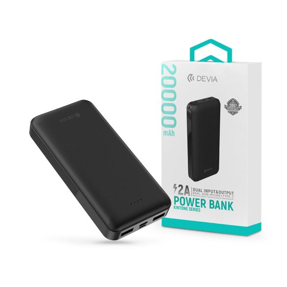 Univerzális hordozható, asztali akkumulátor töltő - Devia Kintone Series V2 Power Bank - 2xUSB + Type-C + microUSB - 20.000 mAh - fekete