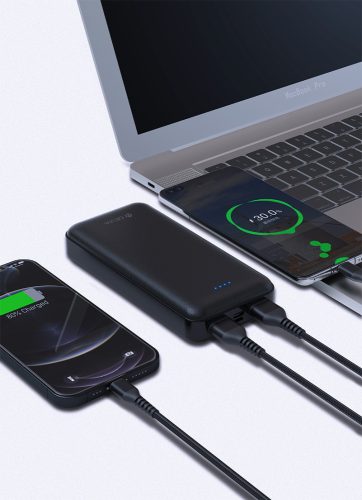 Univerzális hordozható, asztali akkumulátor töltő - Devia Kintone Series V2 Power Bank - 2xUSB + Type-C + microUSB - 20.000 mAh - fekete