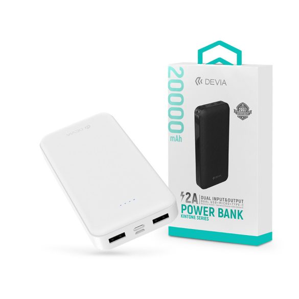 Univerzális hordozható, asztali akkumulátor töltő - Devia Kintone Series V2 Power Bank - 2xUSB + Type-C + microUSB - 20.000 mAh - fehér