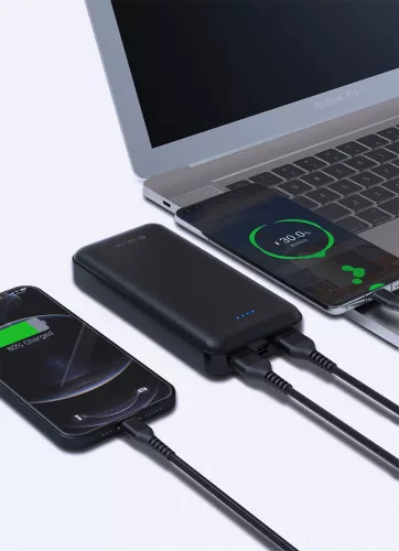 Univerzális hordozható, asztali akkumulátor töltő - Devia Kintone Series V2 Power Bank - 2xUSB + Type-C + microUSB - 20.000 mAh - fehér