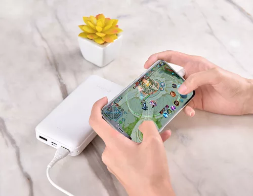 Univerzális hordozható, asztali akkumulátor töltő - Devia Kintone Series V2 Power Bank - 2xUSB + Type-C + microUSB - 20.000 mAh - fehér