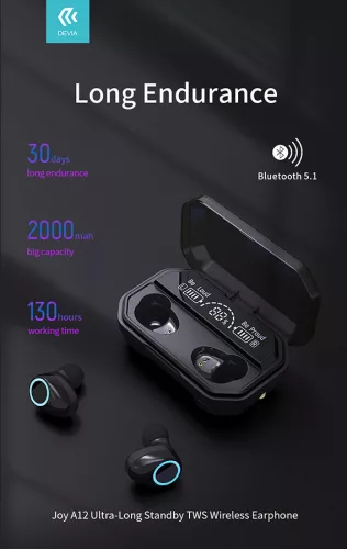 Devia TWS Bluetooth sztereó headset v5.1 + töltőtok - Devia Joy A12 Series True Wireless Earphones with Charging Case - fekete