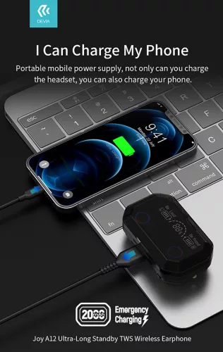 Devia TWS Bluetooth sztereó headset v5.1 + töltőtok - Devia Joy A12 Series True Wireless Earphones with Charging Case - fekete