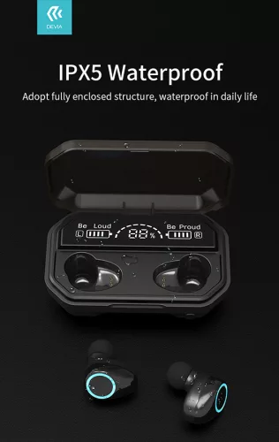 Devia TWS Bluetooth sztereó headset v5.1 + töltőtok - Devia Joy A12 Series True Wireless Earphones with Charging Case - fekete