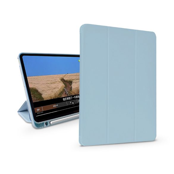 Apple iPad 10.2 (2019/2020/2021) tablet tok (Smart Case) on/off funkcióval,     Apple Pencil tartóval, mágneses töltővel - Devia Leather Case With Pencil Slot -kék