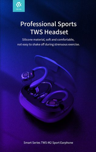 Devia TWS Bluetooth sztereó headset v5.0 + töltőtok - Devia TWS-M2 Sport Series True Wireless Earphones with Charging Case - fekete