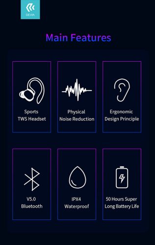 Devia TWS Bluetooth sztereó headset v5.0 + töltőtok - Devia TWS-M2 Sport Series True Wireless Earphones with Charging Case - fekete