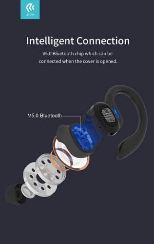 Devia TWS Bluetooth sztereó headset v5.0 + töltőtok - Devia TWS-M2 Sport Series True Wireless Earphones with Charging Case - fekete