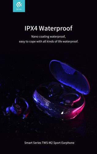 Devia TWS Bluetooth sztereó headset v5.0 + töltőtok - Devia TWS-M2 Sport Series True Wireless Earphones with Charging Case - fekete
