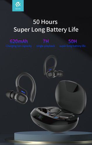 Devia TWS Bluetooth sztereó headset v5.0 + töltőtok - Devia TWS-M2 Sport Series True Wireless Earphones with Charging Case - fekete