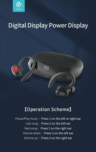 Devia TWS Bluetooth sztereó headset v5.0 + töltőtok - Devia TWS-M2 Sport Series True Wireless Earphones with Charging Case - fekete