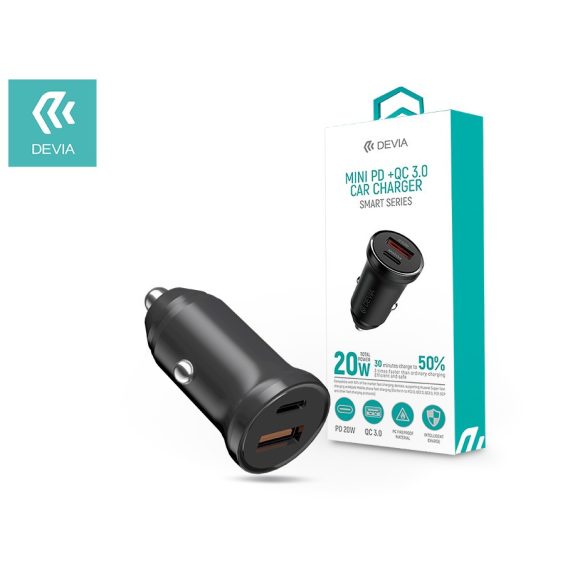 Devia szivargyújtós töltő adapter USB + Type-C bemenettel - Devia Smart Series  Mini PD + QC3.0 Car Charger - 20W - fekete