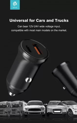 Devia szivargyújtós töltő adapter USB + Type-C bemenettel - Devia Smart Series  Mini PD + QC3.0 Car Charger - 20W - fekete