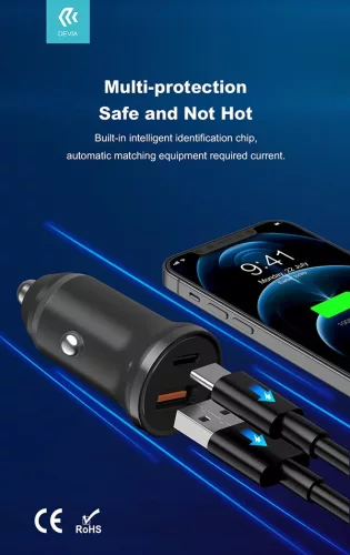 Devia szivargyújtós töltő adapter USB + Type-C bemenettel - Devia Smart Series  Mini PD + QC3.0 Car Charger - 20W - fekete