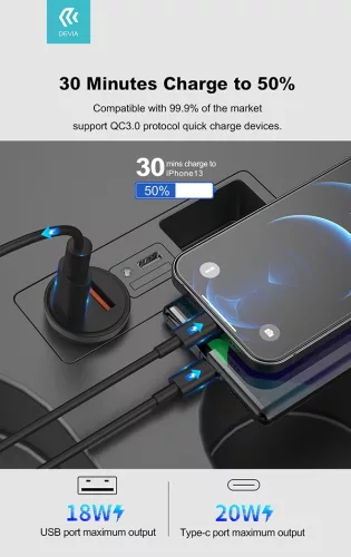 Devia szivargyújtós töltő adapter USB + Type-C bemenettel - Devia Smart Series  Mini PD + QC3.0 Car Charger - 20W - fekete