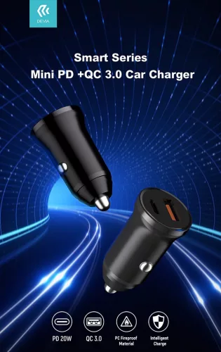 Devia szivargyújtós töltő adapter USB + Type-C bemenettel - Devia Smart Series  Mini PD + QC3.0 Car Charger - 20W - fekete