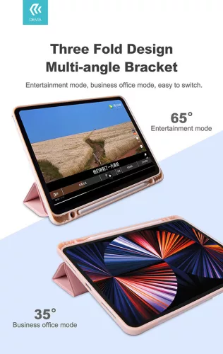 Apple iPad Air 4 (2020)/iPad Air 5 (2022) 10.9/iPad Pro 11 (2022) tablet tok    (Smart Case) on/off funkcióval, Apple Pencil tartóval, mágneses töltővel - DeviaLeather Case With Pencil Slot - pink