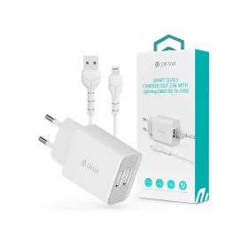  Devia Smart 2xUSB hálózati töltő adapter + USB - Lightning USB kábel 1 m-es vezetékkel - Devia Smart Series Charger Suit With Lightning Cable - 5V/2.4A - fehér