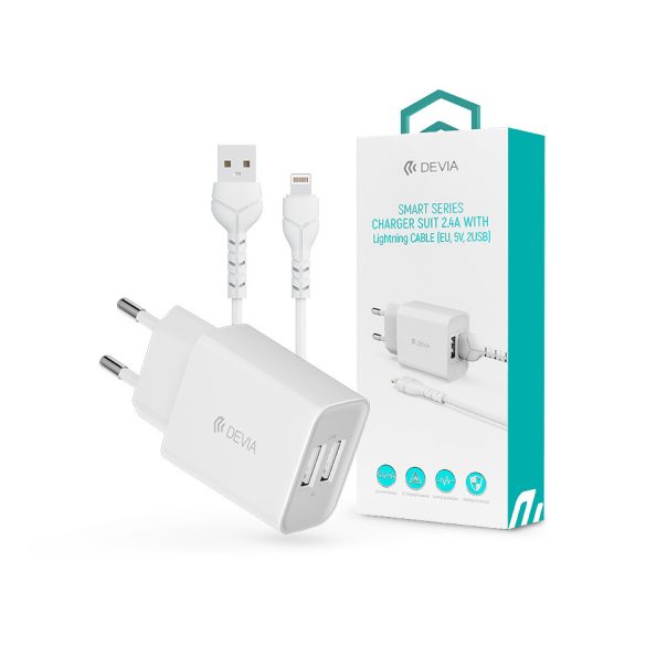 Devia Smart 2xUSB hálózati töltő adapter + USB - Lightning USB kábel 1 m-es vezetékkel - Devia Smart Series Charger Suit With Lightning Cable - 5V/2.4A - fehér