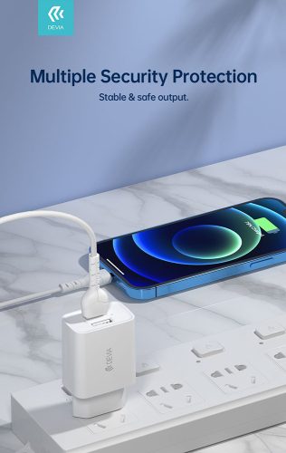Devia Smart 2xUSB hálózati töltő adapter + USB - Lightning USB kábel 1 m-es vezetékkel - Devia Smart Series Charger Suit With Lightning Cable - 5V/2.4A - fehér