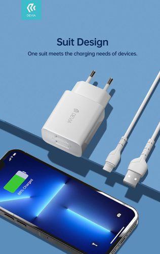 Devia Smart 2xUSB hálózati töltő adapter + USB - Lightning USB kábel 1 m-es vezetékkel - Devia Smart Series Charger Suit With Lightning Cable - 5V/2.4A - fehér
