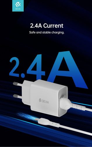 Devia Smart 2xUSB hálózati töltő adapter + USB - Lightning USB kábel 1 m-es vezetékkel - Devia Smart Series Charger Suit With Lightning Cable - 5V/2.4A - fehér