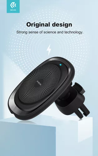 Devia szellőzőrácsba illeszthető vezeték nélküli autós töltő/tartó - 15W - DeviaSmart Series Magnet Car Mount With Wireless Charging - fekete