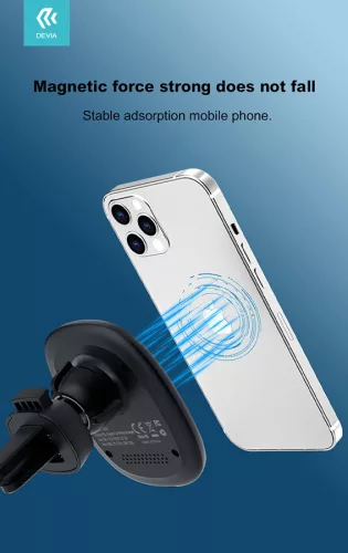 Devia szellőzőrácsba illeszthető vezeték nélküli autós töltő/tartó - 15W - DeviaSmart Series Magnet Car Mount With Wireless Charging - fekete