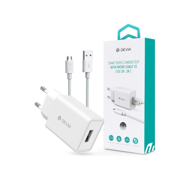 Devia Smart USB hálózati töltő adapter + USB - micro USB kábel 1 m-es vezetékkel- Devia Smart Series Charger Suit With Micro Cable V3 - 5V/2A - fehér