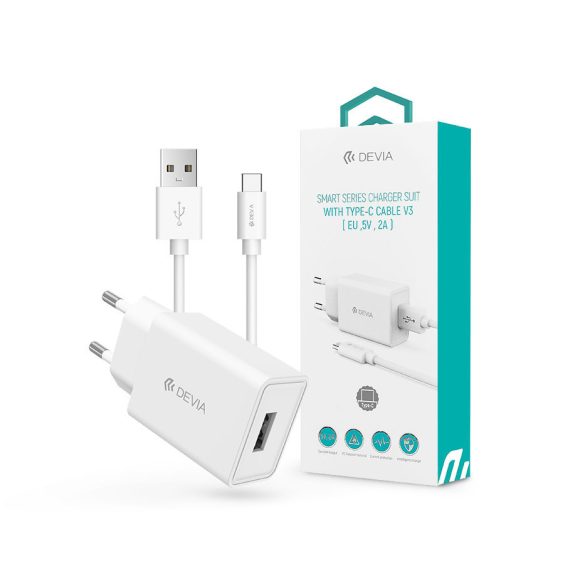 Devia USB hálózati töltő adapter + USB - Type-C kábel 1 m-es vezetékkel - Devia Smart Series Charger Suit With Type-C Cable V3 - 5V/2A - fehér