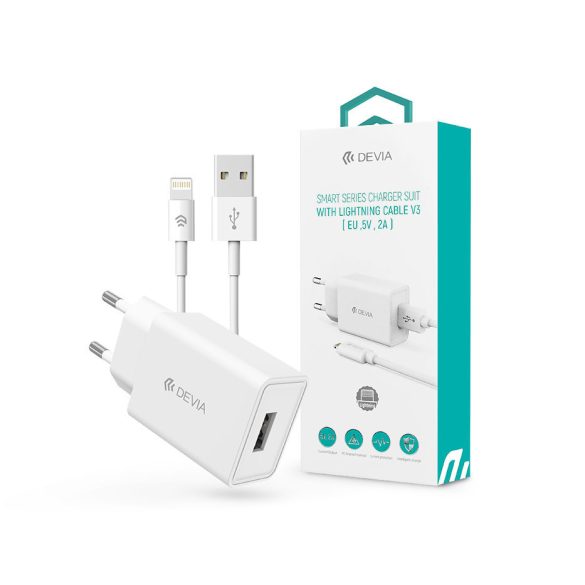 Devia USB hálózati töltő adapter + USB - Lightning kábel  1 m-es vezetékkel -   Devia Smart  Series Charger Suit With Lightning Cable V3 - 5V/2A - fehér