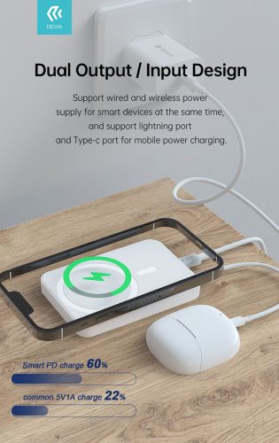 Univerzális hordozható akkumulátor töltő - Devia Kintone Series V2 PD20W Magnet Wireless Charging Power Bank - Lightning + Type-C - 5000 mAh - fekete