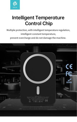 Univerzális hordozható akkumulátor töltő - Devia Kintone Series V2 PD20W Magnet Wireless Charging Power Bank - Lightning + Type-C - 5000 mAh - fekete