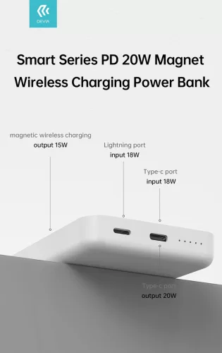 Univerzális hordozható akkumulátor töltő - Devia Kintone Series V2 PD20W Magnet Wireless Charging Power Bank - Lightning + Type-C - 5000 mAh - fehér