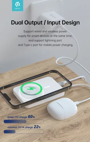Univerzális hordozható akkumulátor töltő - Devia Kintone Series V2 PD20W Magnet Wireless Charging Power Bank - Lightning + Type-C - 5000 mAh - fehér
