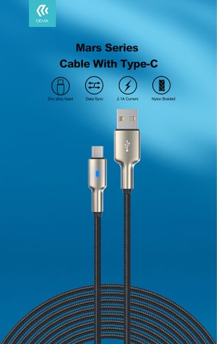 Devia USB - USB Type-C adat- és töltőkábel 1,5 m-es vezetékkel - Devia Mars     Series Cable With Type-C - 5V/2,1A - ezüst/fekete