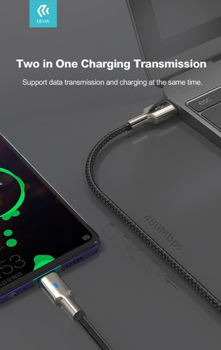 Devia USB - USB Type-C adat- és töltőkábel 1,5 m-es vezetékkel - Devia Mars     Series Cable With Type-C - 5V/2,1A - ezüst/fekete