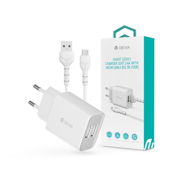 Devia Smart 2xUSB hálózati töltő adapter + USB - micro USB kábel 1 m-es vezetékkel - Devia Smart Series Charger Suit With Micro Cable - 5V/2.4A - fehér